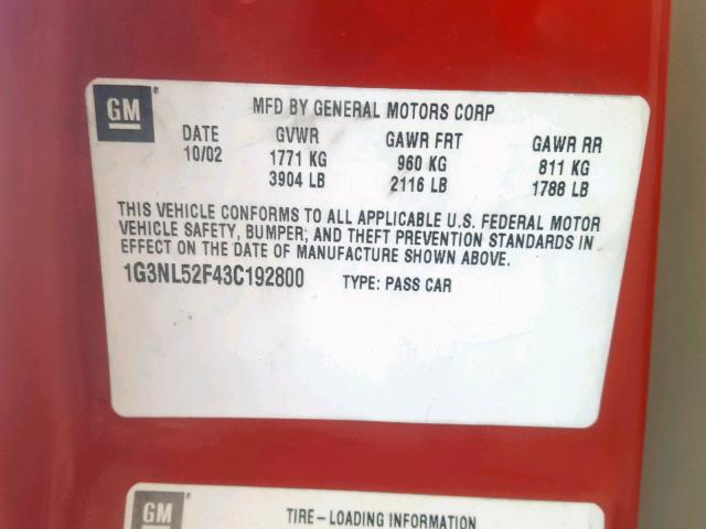 1G3NL52F43C192800 - 2003 OLDSMOBILE ALERO GL RED photo 10