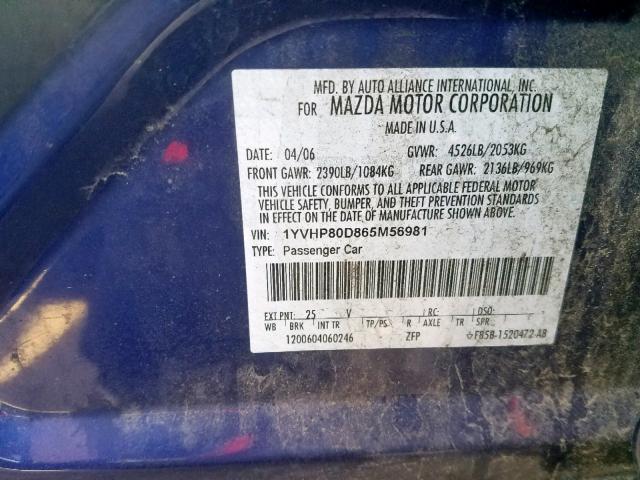 1YVHP80D865M56981 - 2006 MAZDA 6 S BLUE photo 10