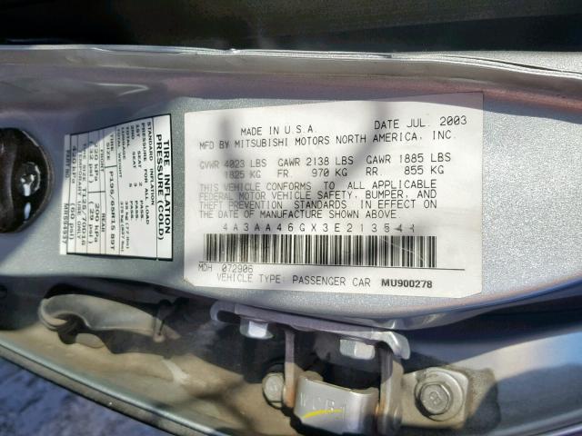 4A3AA46GX3E213541 - 2003 MITSUBISHI GALANT ES BLACK photo 10