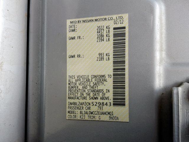 1N4BL2AP2CN529843 - 2012 NISSAN ALTIMA SR SILVER photo 10