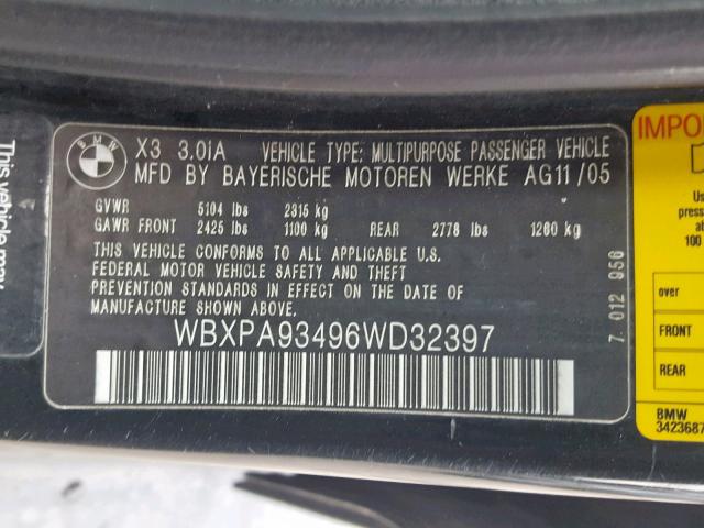 WBXPA93496WD32397 - 2006 BMW X3 3.0I BLACK photo 10