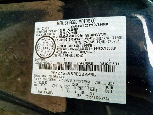 2FMZA56453BB22296 - 2003 FORD WINDSTAR S BLUE photo 10