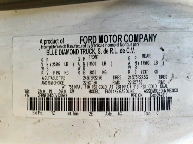 3FRNF6HD5DV038693 - 2013 FORD F650 SUPER WHITE photo 10