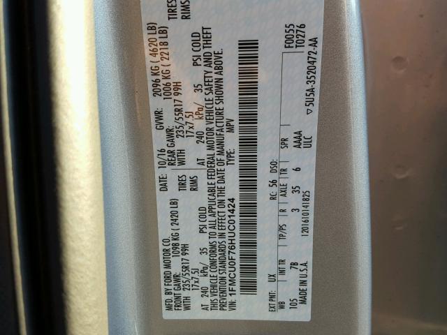 1FMCU0F76HUC01424 - 2017 FORD ESCAPE S SILVER photo 10