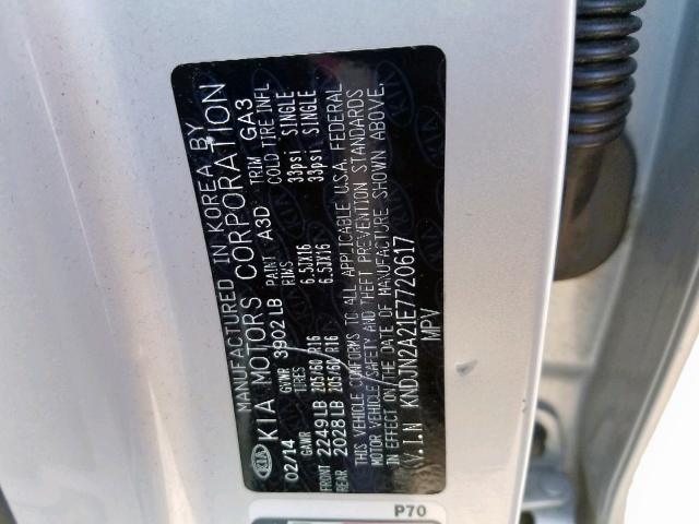 KNDJN2A21E7720617 - 2014 KIA SOUL SILVER photo 10