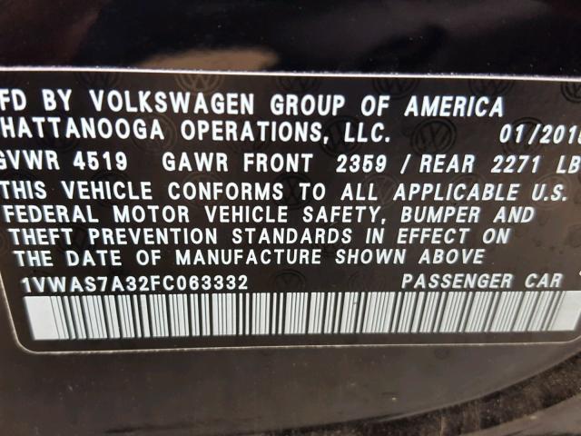 1VWAS7A32FC063332 - 2015 VOLKSWAGEN PASSAT S BLACK photo 10