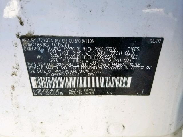 JTLKE50E581018331 - 2008 TOYOTA SCION WHITE photo 10