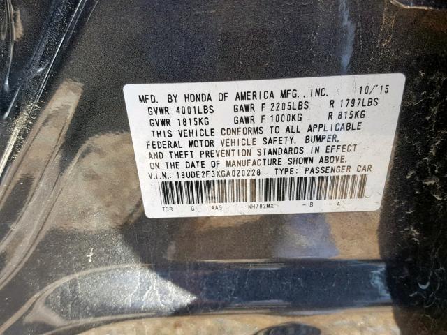 19UDE2F3XGA020228 - 2016 ACURA ILX BASE CHARCOAL photo 10