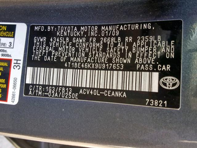 4T1BE46KX9U917653 - 2009 TOYOTA CAMRY BASE GRAY photo 10