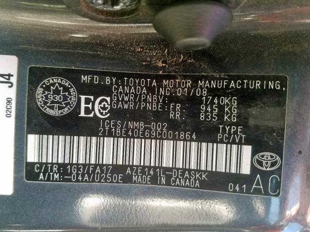 2T1BE40E69C001864 - 2009 TOYOTA COROLLA XR GRAY photo 10