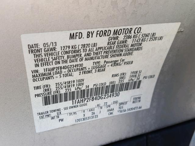 1FAHP2F84DG234930 - 2013 FORD TAURUS LIM SILVER photo 10