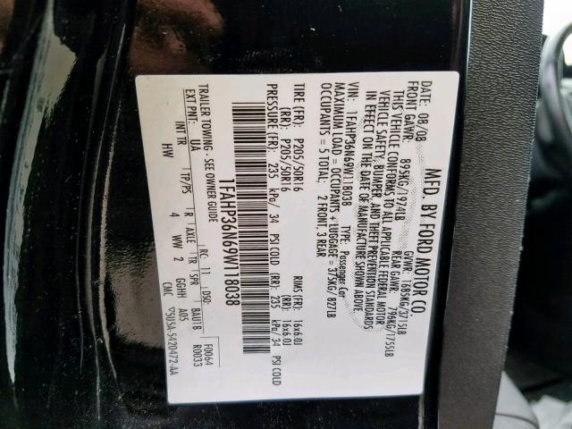 1FAHP36N69W118038 - 2009 FORD FOCUS SES BLACK photo 10