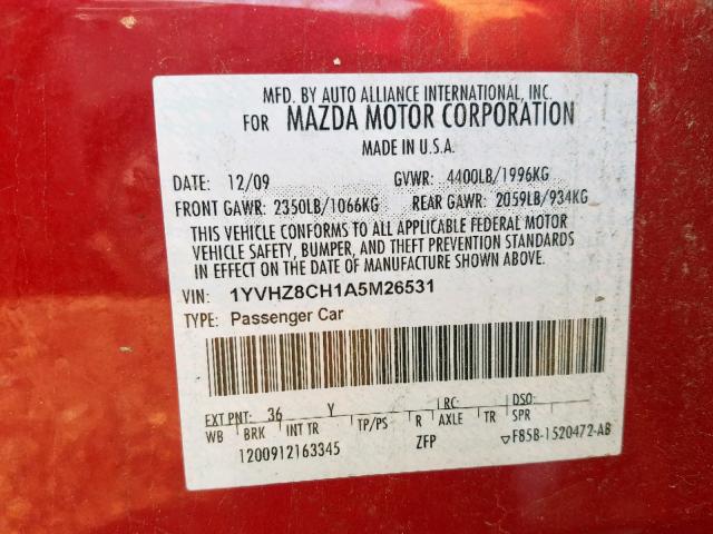 1YVHZ8CH1A5M26531 - 2010 MAZDA 6 I RED photo 10