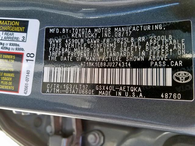 4T1BK1EB8JU274314 - 2018 TOYOTA AVALON XLE BLACK photo 10