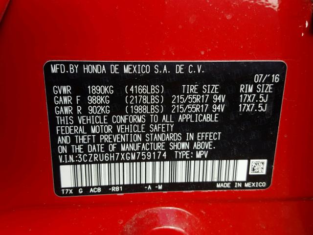 3CZRU6H7XGM759174 - 2016 HONDA HR-V EXL RED photo 10