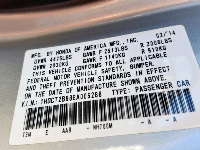 1HGCT2B88EA005288 - 2014 HONDA ACCORD EXL SILVER photo 10