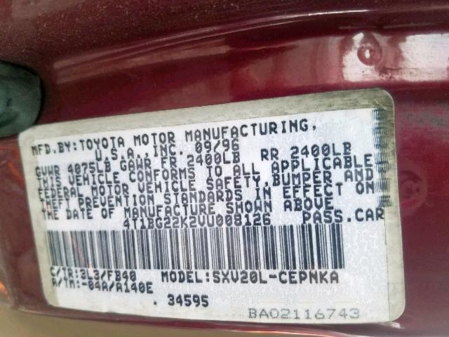 4T1BG22K2VU008126 - 1997 TOYOTA CAMRY CE BURGUNDY photo 10