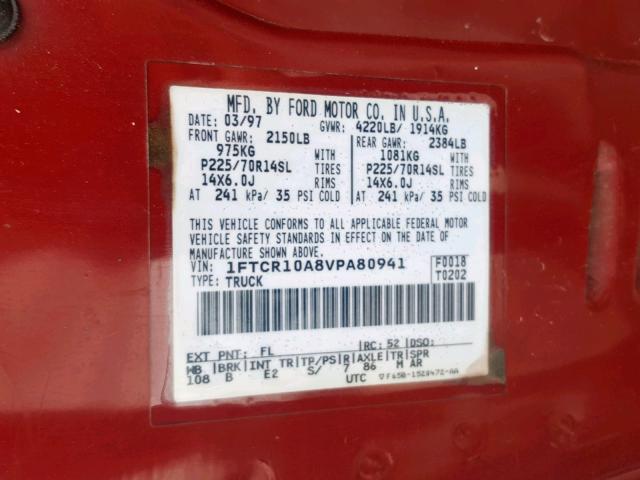 1FTCR10A8VPA80941 - 1997 FORD RANGER RED photo 10