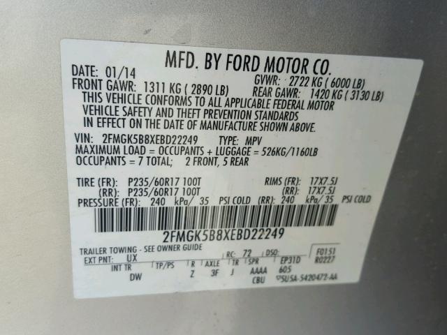 2FMGK5B8XEBD22249 - 2014 FORD FLEX SE SILVER photo 10