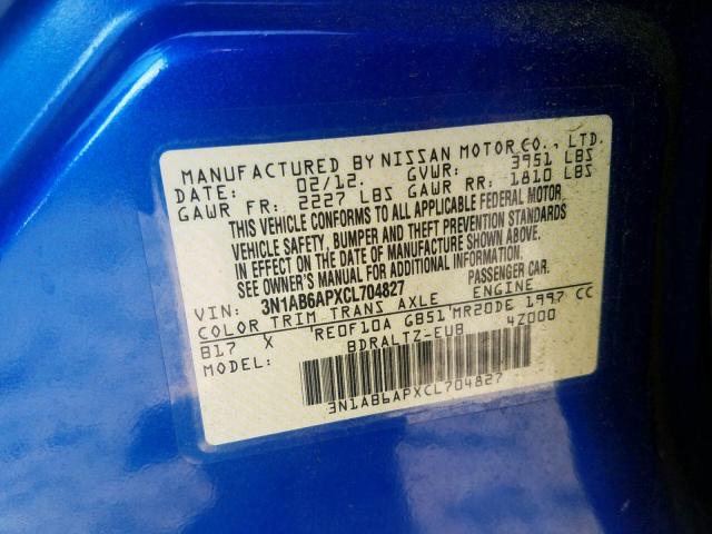 3N1AB6APXCL704827 - 2012 NISSAN SENTRA 2.0 BLUE photo 10