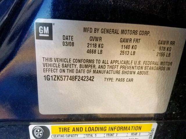 1G1ZK57748F242342 - 2008 CHEVROLET MALIBU LTZ ლურჯი ფოტო 10