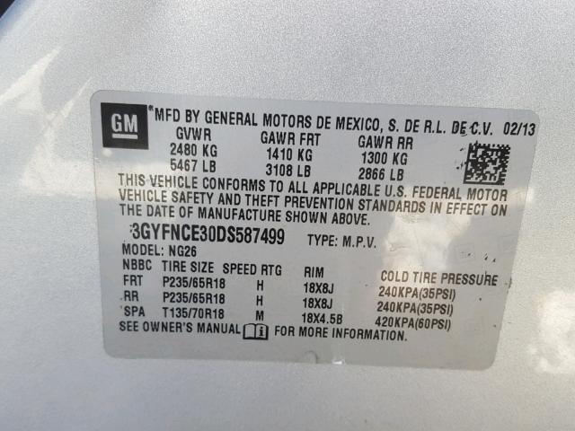 3GYFNCE30DS587499 - 2013 CADILLAC SRX LUXURY SILVER photo 10