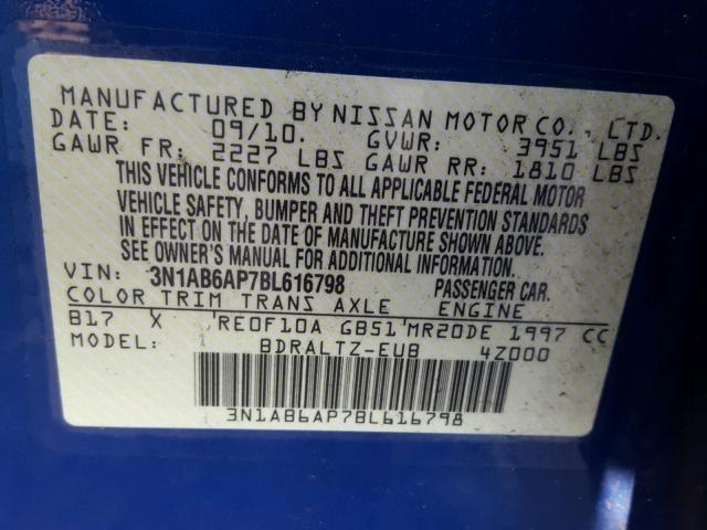 3N1AB6AP7BL616798 - 2011 NISSAN SENTRA 2.0 BLUE photo 10