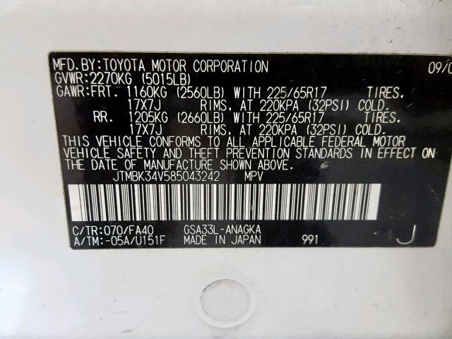 JTMBK34V585043242 - 2008 TOYOTA RAV4 LIMIT WHITE photo 10