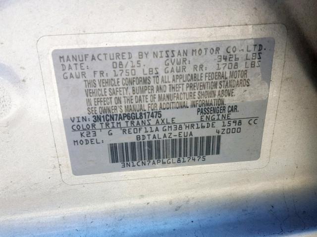 3N1CN7AP6GL817475 - 2016 NISSAN VERSA S SILVER photo 10