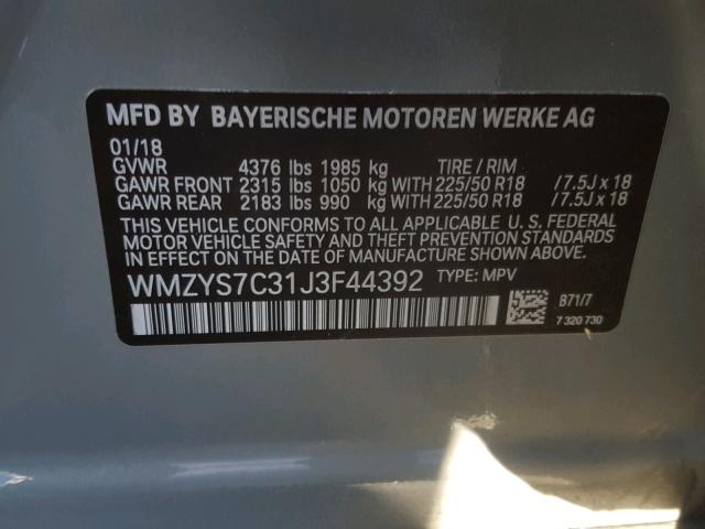 WMZYS7C31J3F44392 - 2018 MINI COOPER COU GRAY photo 10