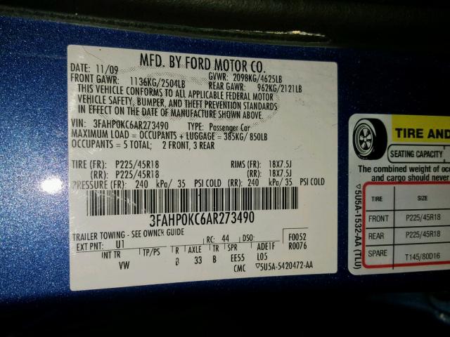 3FAHP0KC6AR273490 - 2010 FORD FUSION SPO BLUE photo 10