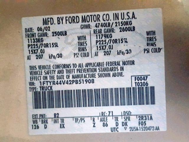 1FTYR44V42PB51908 - 2002 FORD RANGER SUP GOLD photo 10