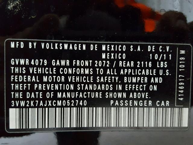 3VW2K7AJXCM052740 - 2012 VOLKSWAGEN JETTA BASE BLACK photo 10