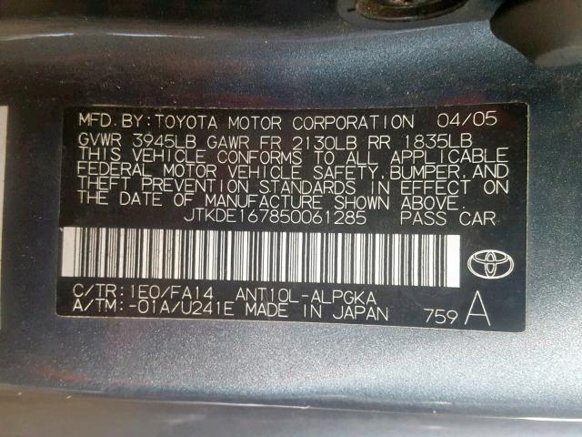 JTKDE167850061285 - 2005 TOYOTA SCION TC გრაფიტი ფოტო 10