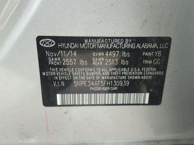 5NPE34AF5FH130939 - 2015 HYUNDAI SONATA SPO GRAY photo 10