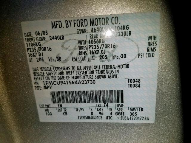 1FMCU94156KA23730 - 2006 FORD ESCAPE LIM SILVER photo 10