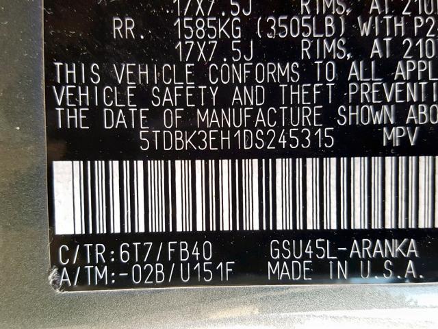 5TDBK3EH1DS245315 - 2013 TOYOTA HIGHLANDER GREEN photo 10