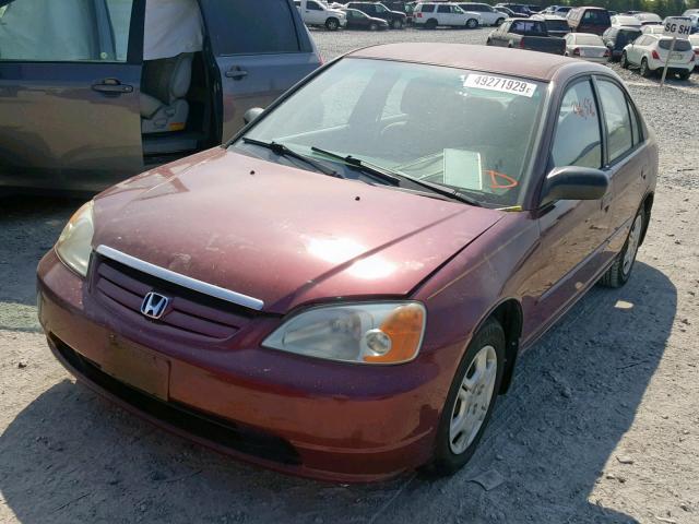 1HGES16552L052476 - 2002 HONDA CIVIC LX MAROON photo 2