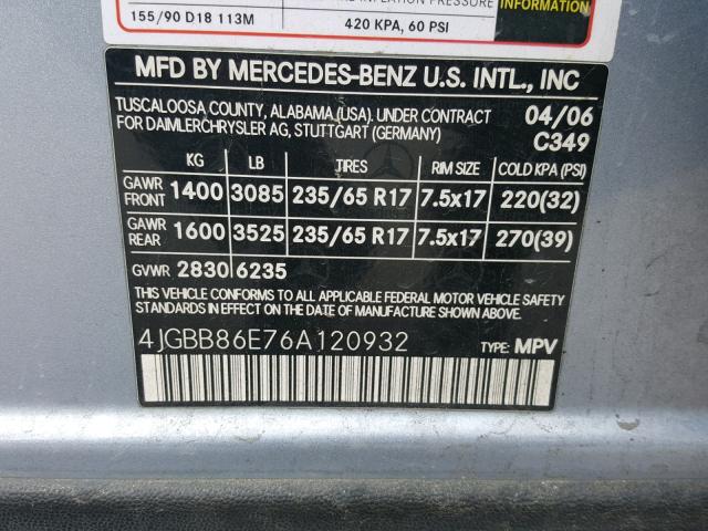 4JGBB86E76A120932 - 2006 MERCEDES-BENZ ML 350 BLUE photo 10