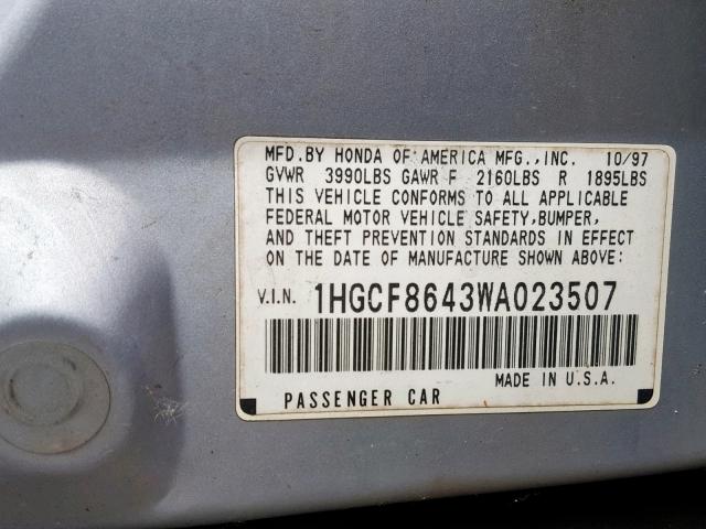 1HGCF8643WA023507 - 1998 HONDA ACCORD DX SILVER photo 10