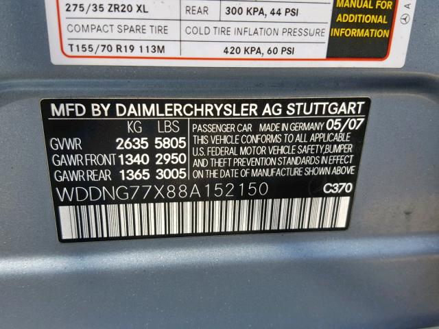 WDDNG77X88A152150 - 2008 MERCEDES-BENZ S 63 AMG GRAY photo 10