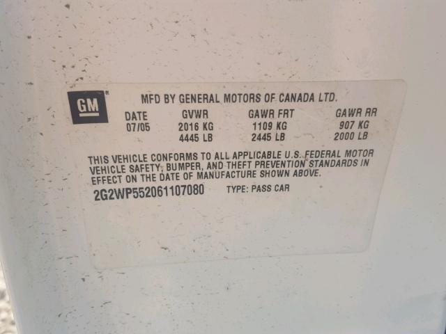 2G2WP552061107080 - 2006 PONTIAC GRAND PRIX WHITE photo 10