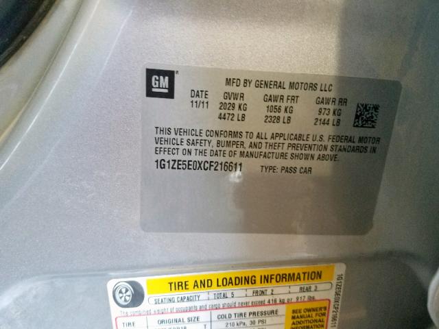 1G1ZE5E0XCF216611 - 2012 CHEVROLET MALIBU LTZ ვერცხლისფერი ფოტო 10