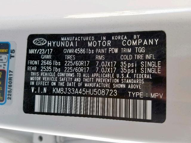 KM8J33A45HU508723 - 2017 HYUNDAI TUCSON LIM WHITE photo 10