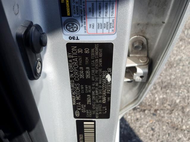 KNAFU4A22D5687803 - 2013 KIA FORTE EX SILVER photo 10