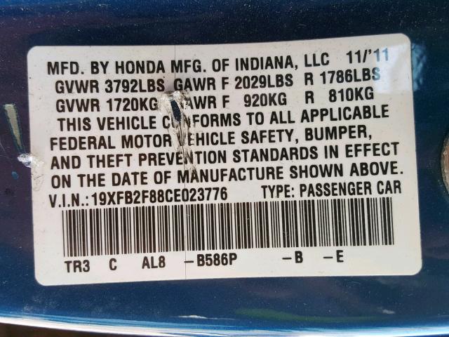 19XFB2F88CE023776 - 2012 HONDA CIVIC EX BLUE photo 10