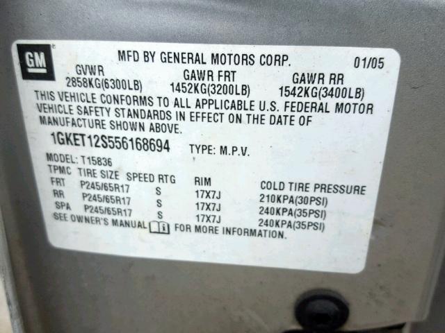 1GKET12S556168694 - 2005 GMC ENVOY XUV SILVER photo 10