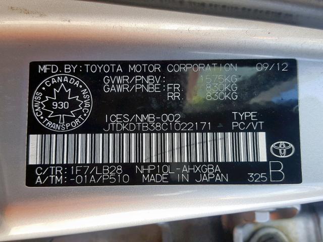 JTDKDTB38C1022171 - 2012 TOYOTA PRIUS C SILVER photo 10