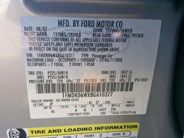 1FMDK06WX8GA10377 - 2008 FORD TAURUS X L SILVER photo 10