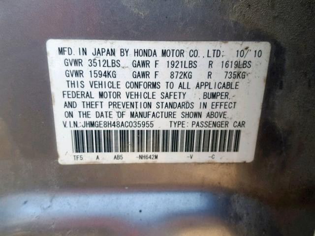 JHMGE8H48AC035955 - 2010 HONDA FIT SPORT SILVER photo 10